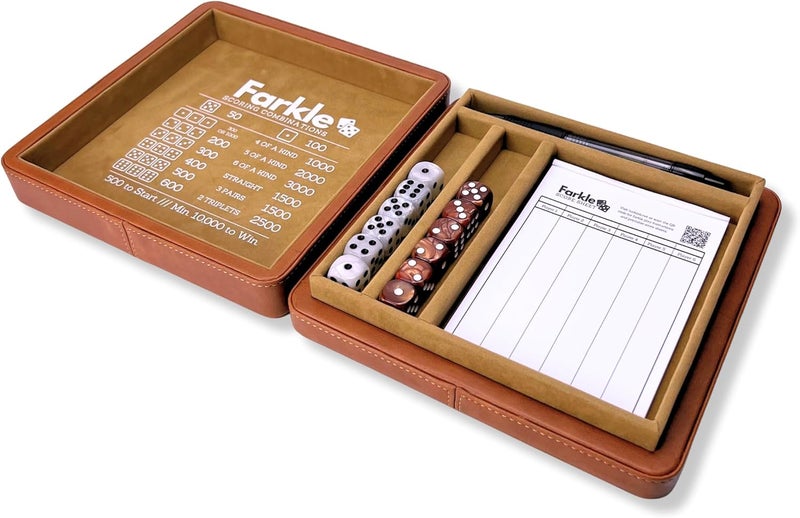 Luck Lab Farkle Dice Tray and Storage Case - Includes Embedded Scoring Combinations, 2 Sets of 6 Pearl Dice, 40 Sheet Score Pad and Pen Holder for The Classic Family Game (Brown) - Image 5